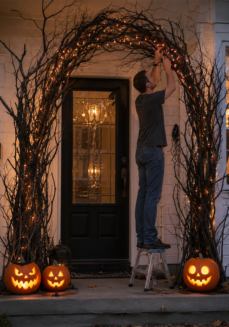 DIY twisted branch archway with string lights framing a Halloween front door