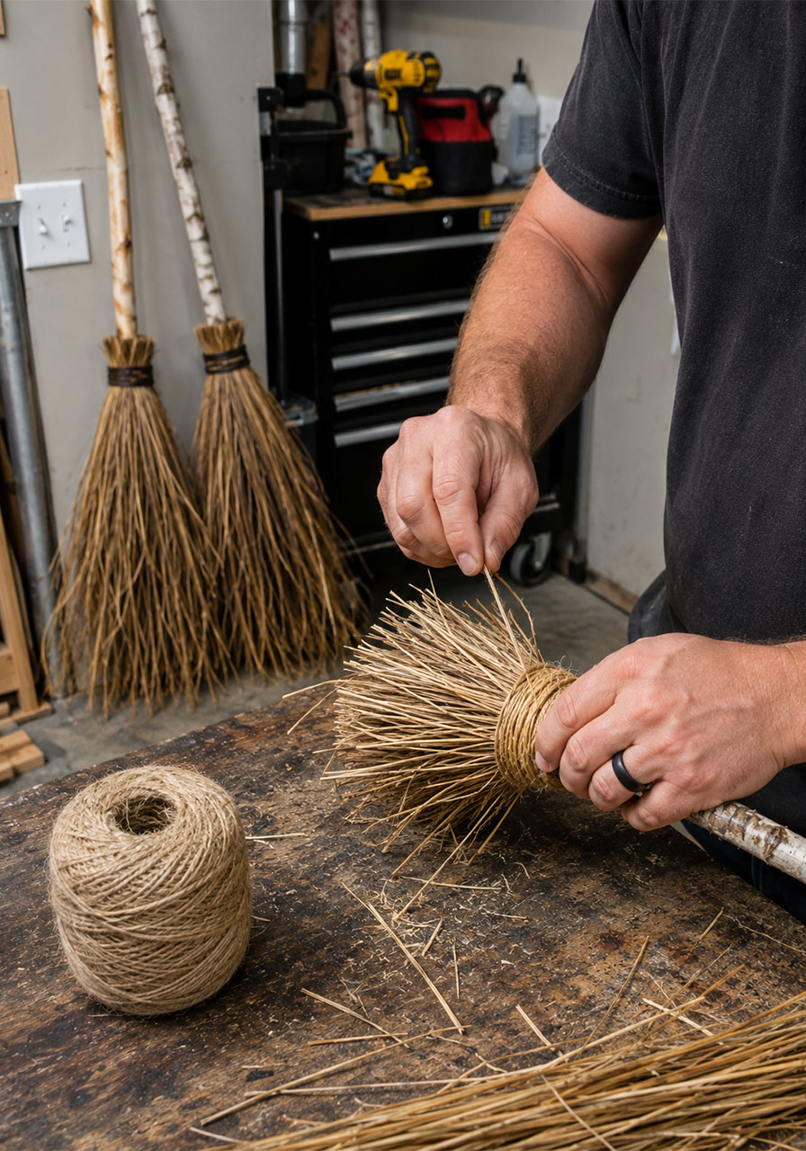 Hands tying straw bristles to make a DIY witch broom for Halloween porch decor