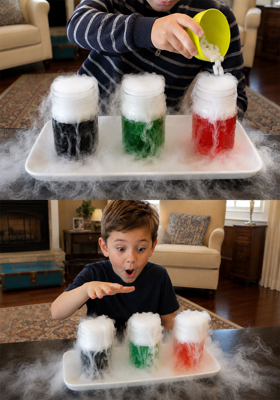 Step-by-step Halloween potions science activity showing fog-filled jars and excited kids