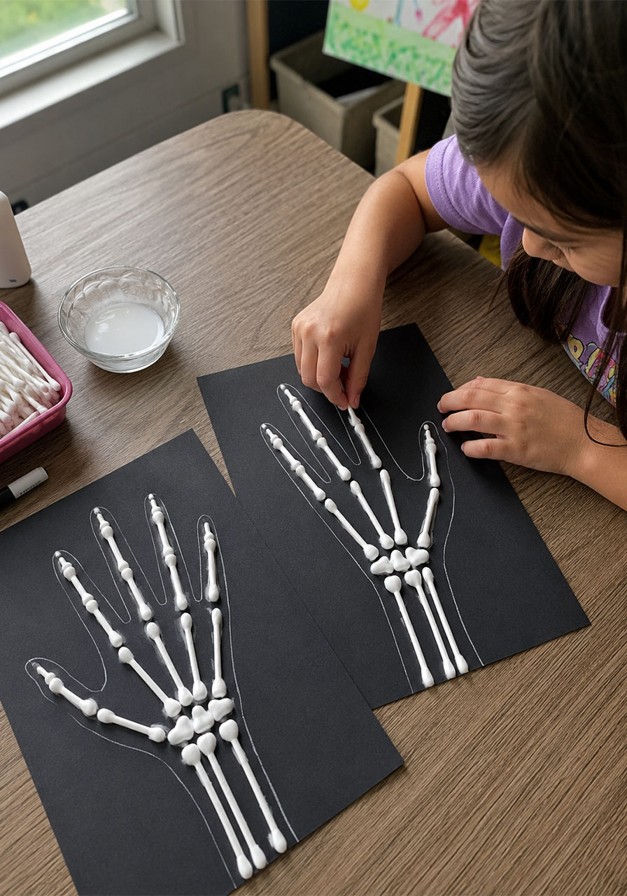Kids Halloween craft skeleton hand made with Q-tips on black cardstock