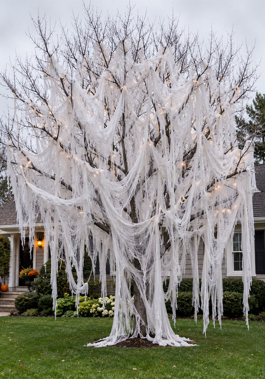 Bare tree wrapped in cheesecloth to look like a giant ghost for Halloween yard decor