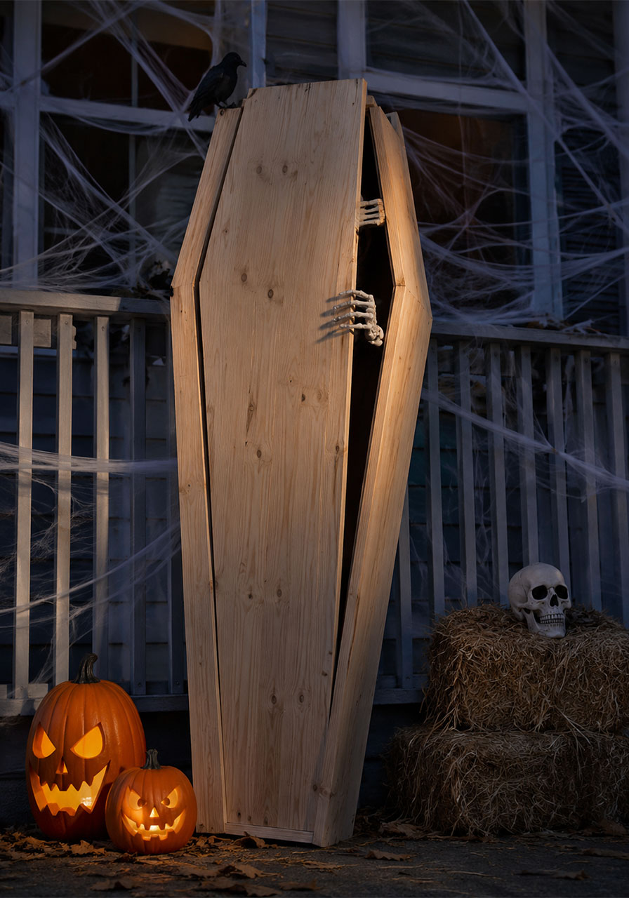 Handmade wooden Halloween coffin with skeleton hand for a spooky front yard display