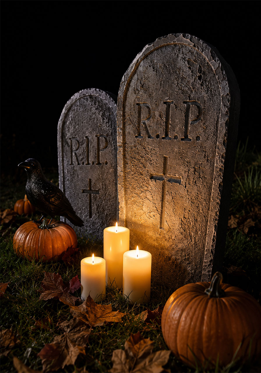 DIY foam tombstones with candlelight glow creating a Halloween graveyard yard display