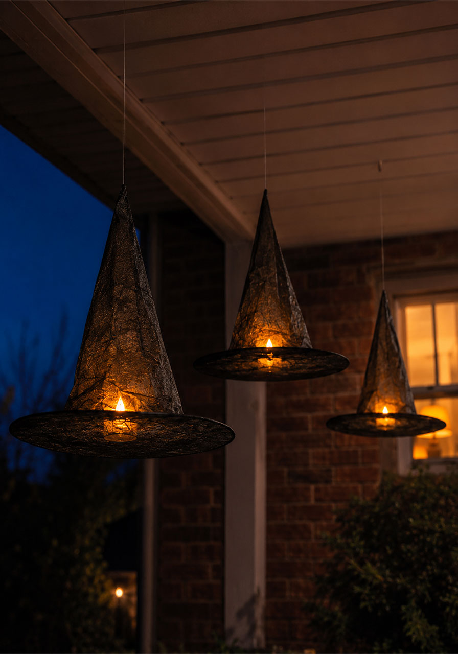 Floating witch hat luminaries lit from within hanging on a Halloween porch
