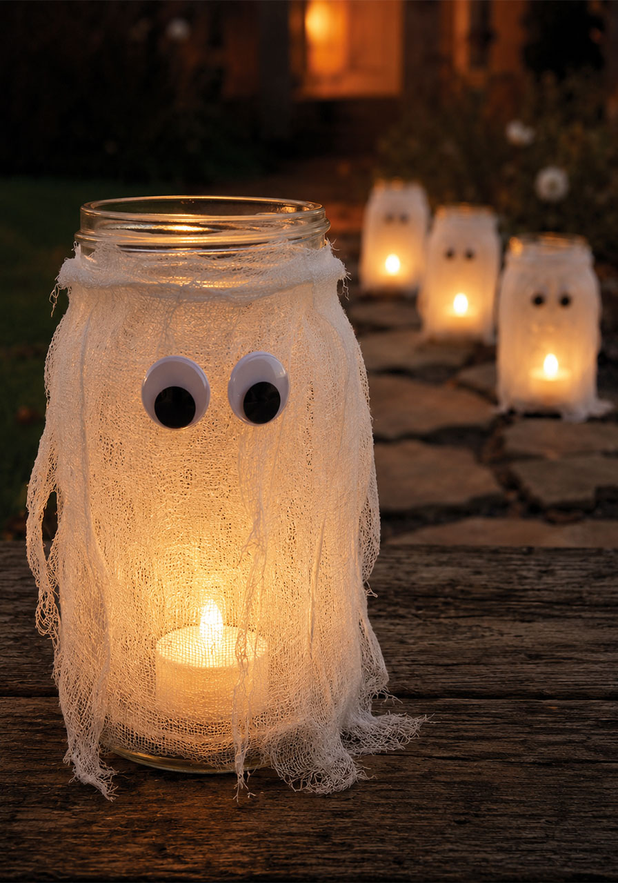 Ghost mason jar luminary made from cheesecloth and googly eyes lighting a Halloween walkway