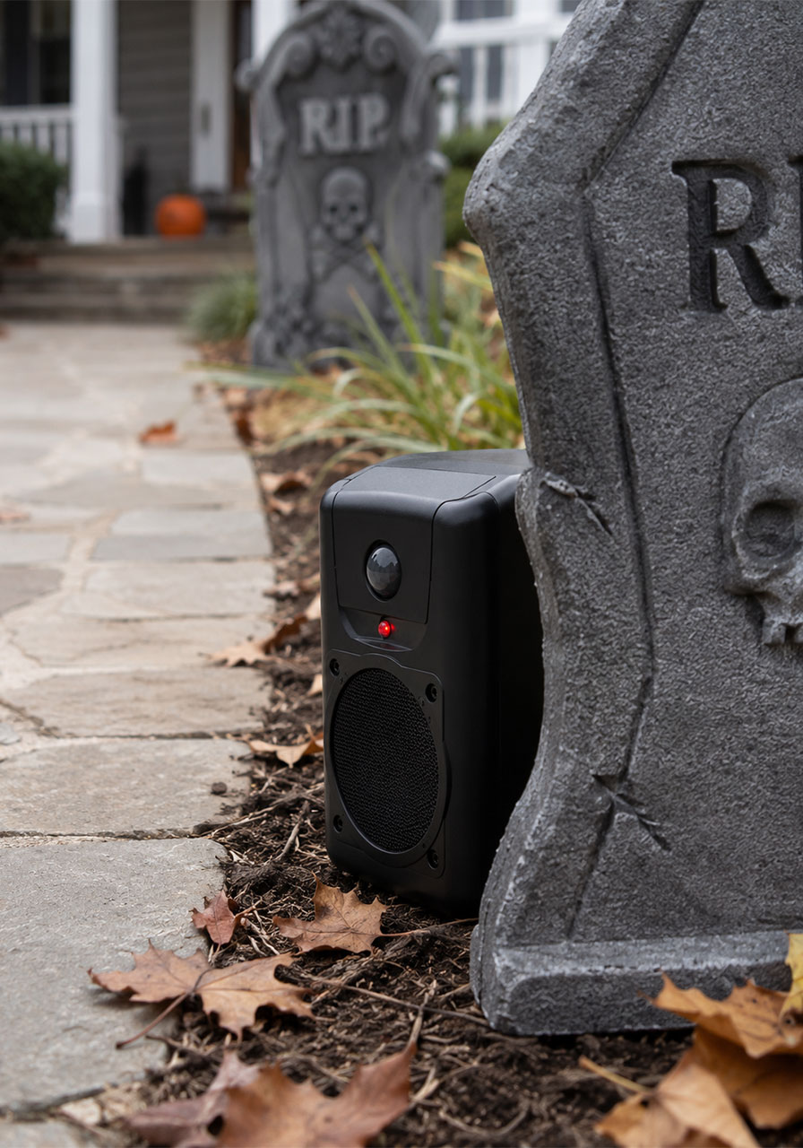 Hidden motion-sensor sound prop tucked behind a tombstone for spooky Halloween effects
