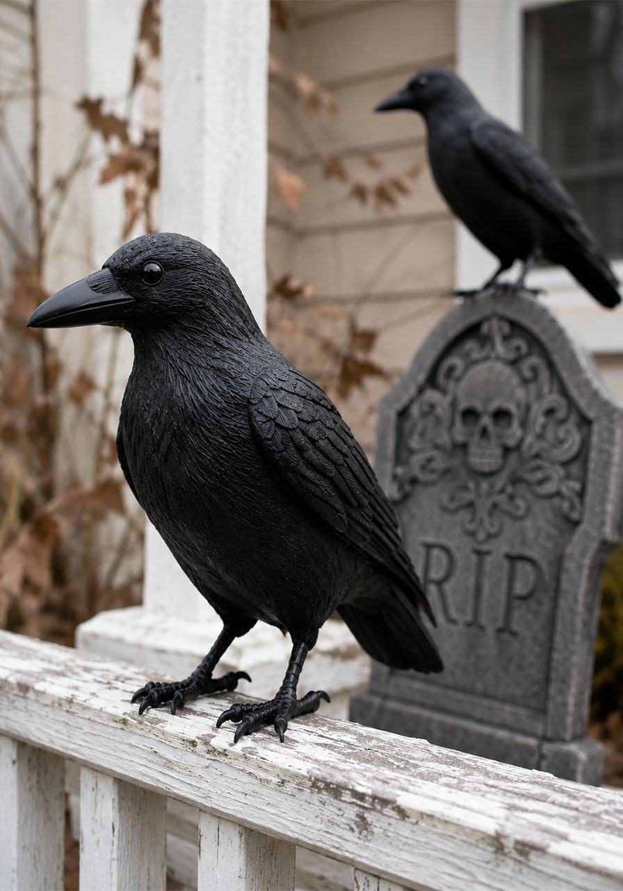 Realistic fake crows perched on a porch railing for easy Halloween yard atmosphere
