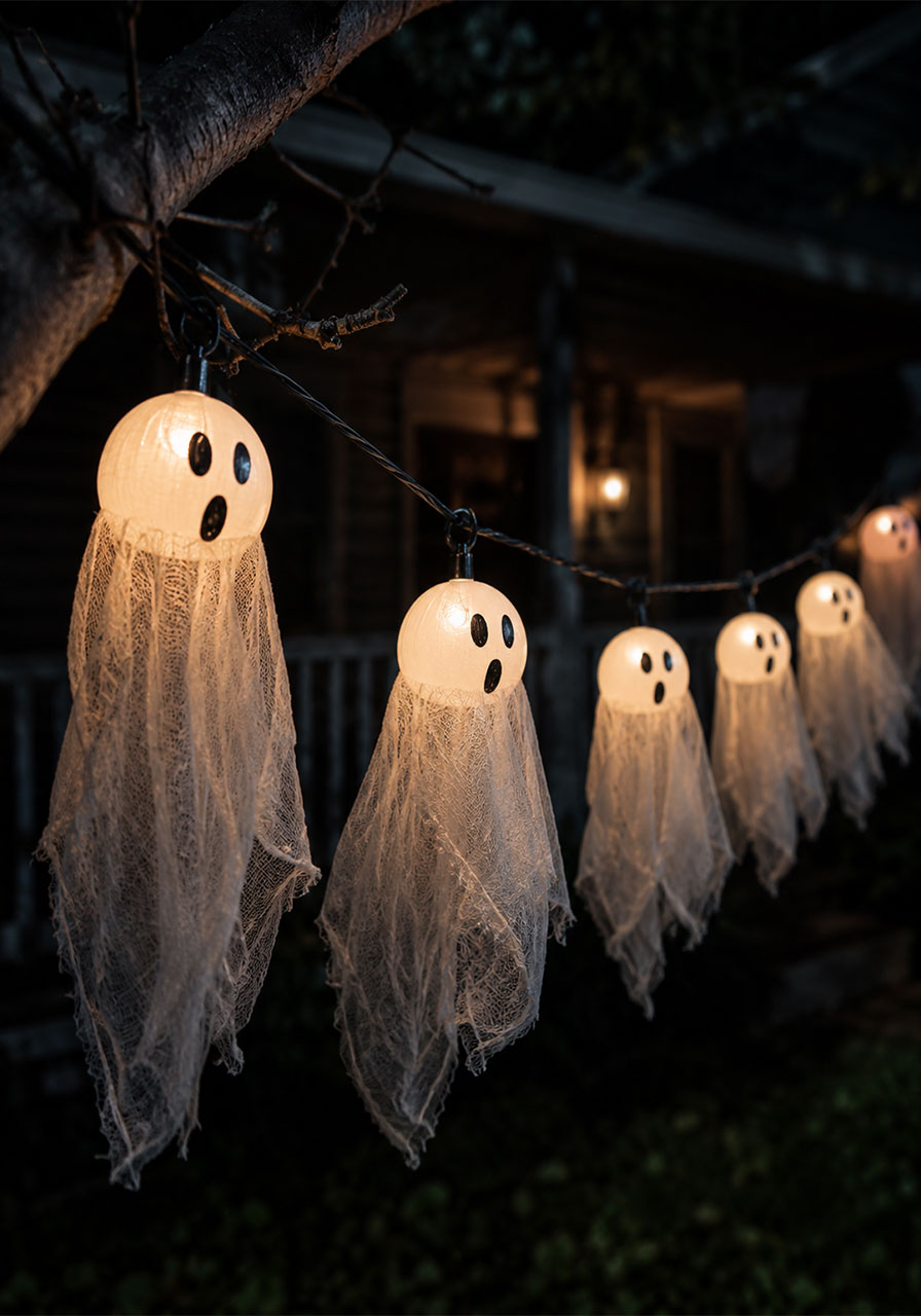 String of glowing ping pong ball ghost lights hanging from a tree for Halloween decor