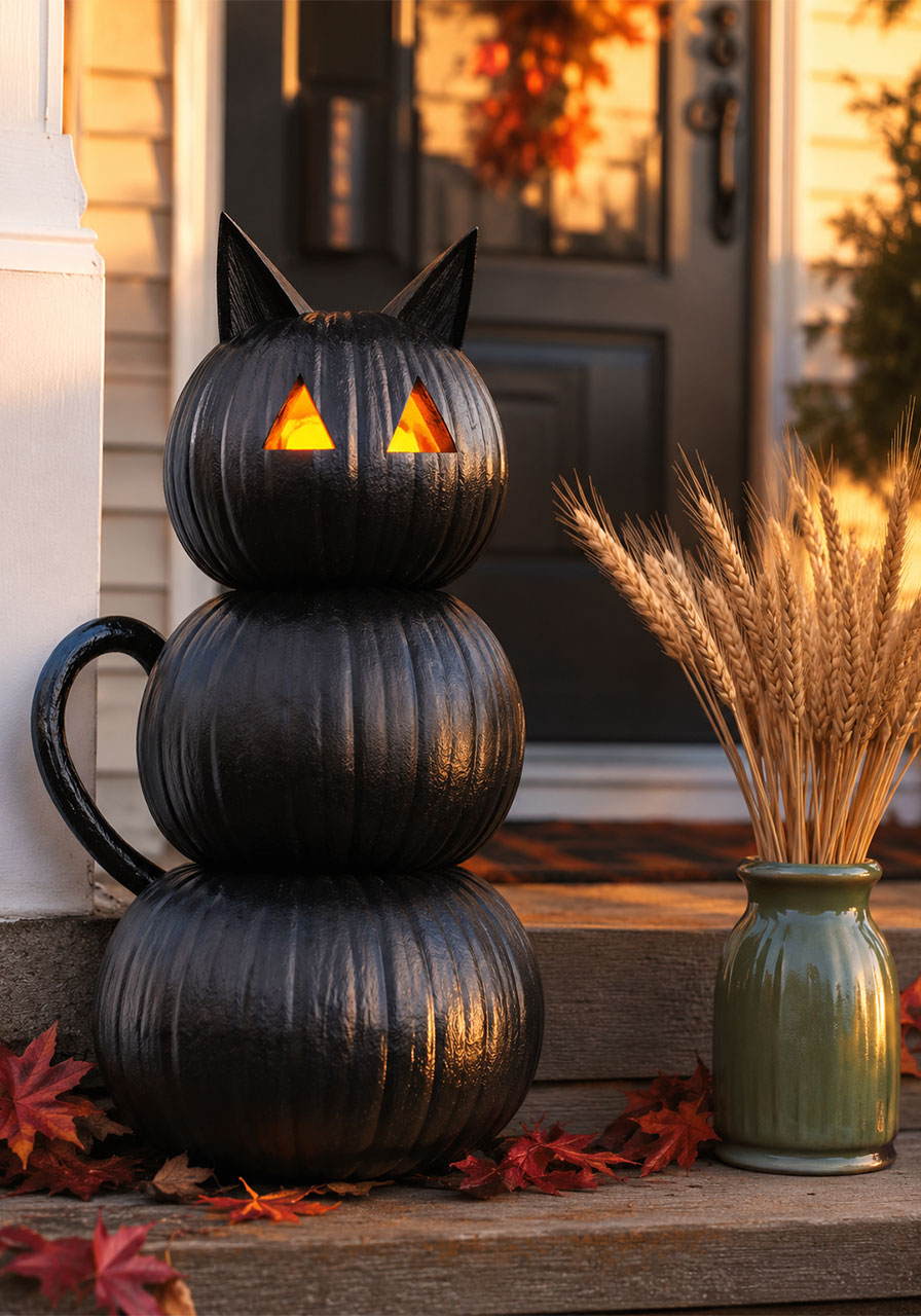 Black pumpkin kitty cats stacked on a porch step for spooky Halloween yard decor
