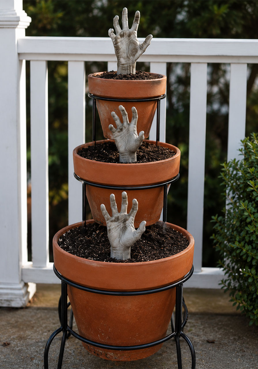 Tiered planters with creepy severed hands reaching from soil for Halloween yard decor