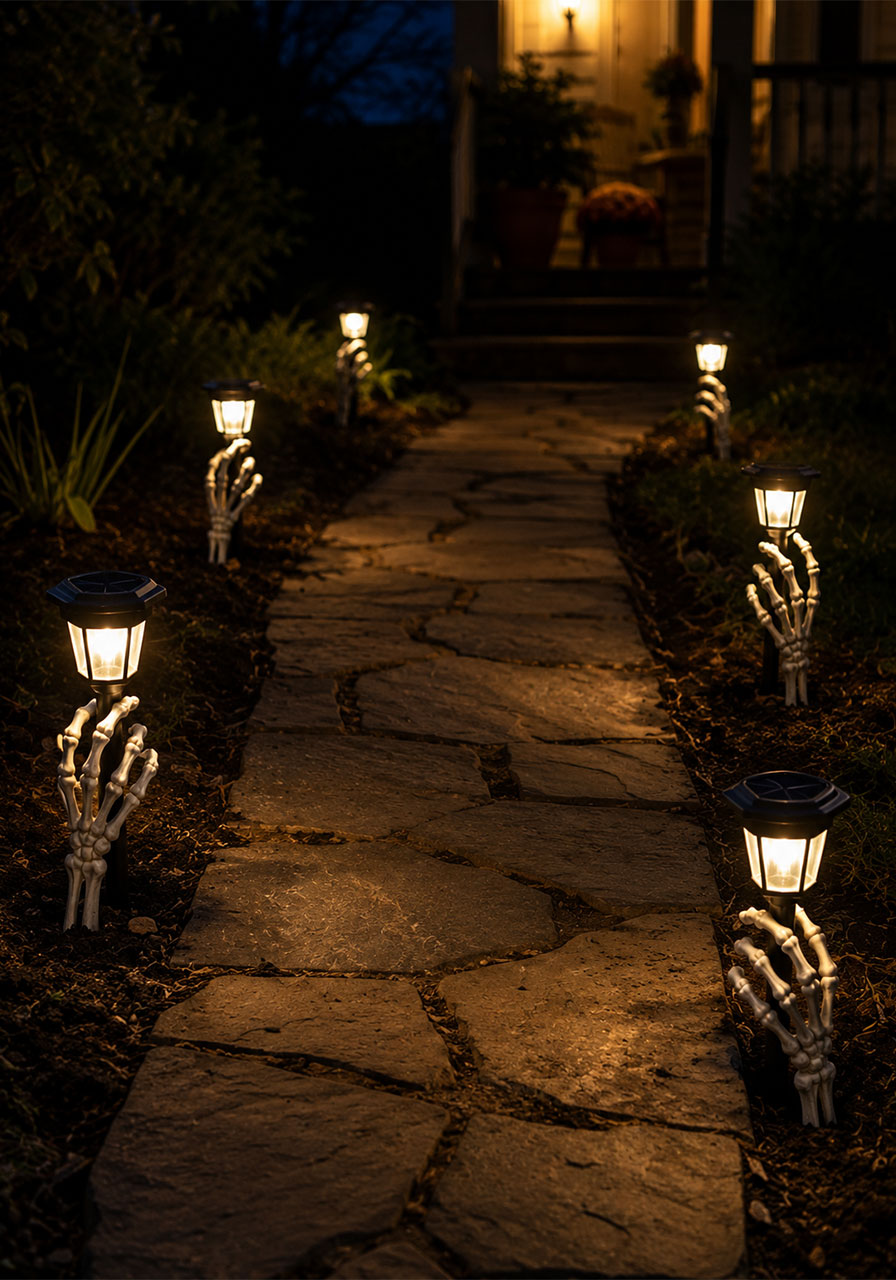 Skeleton hands lining a lit walkway for a creepy Halloween pathway display