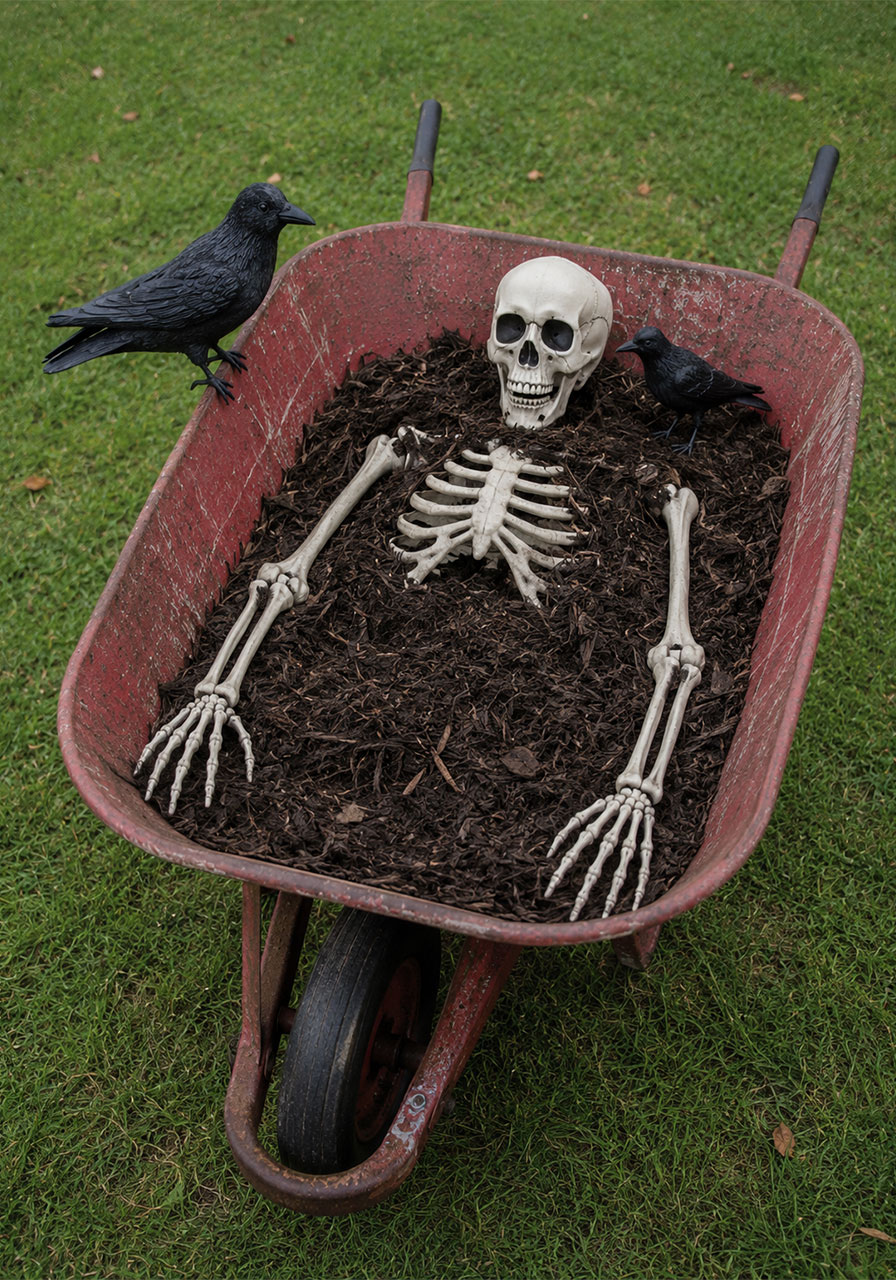 Skeleton buried in mulch inside a wheelbarrow for a no-dig Halloween gravesite display