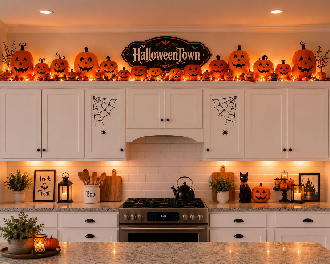 Dense display of orange pumpkins and a HalloweenTown sign covering the top of kitchen cabinets