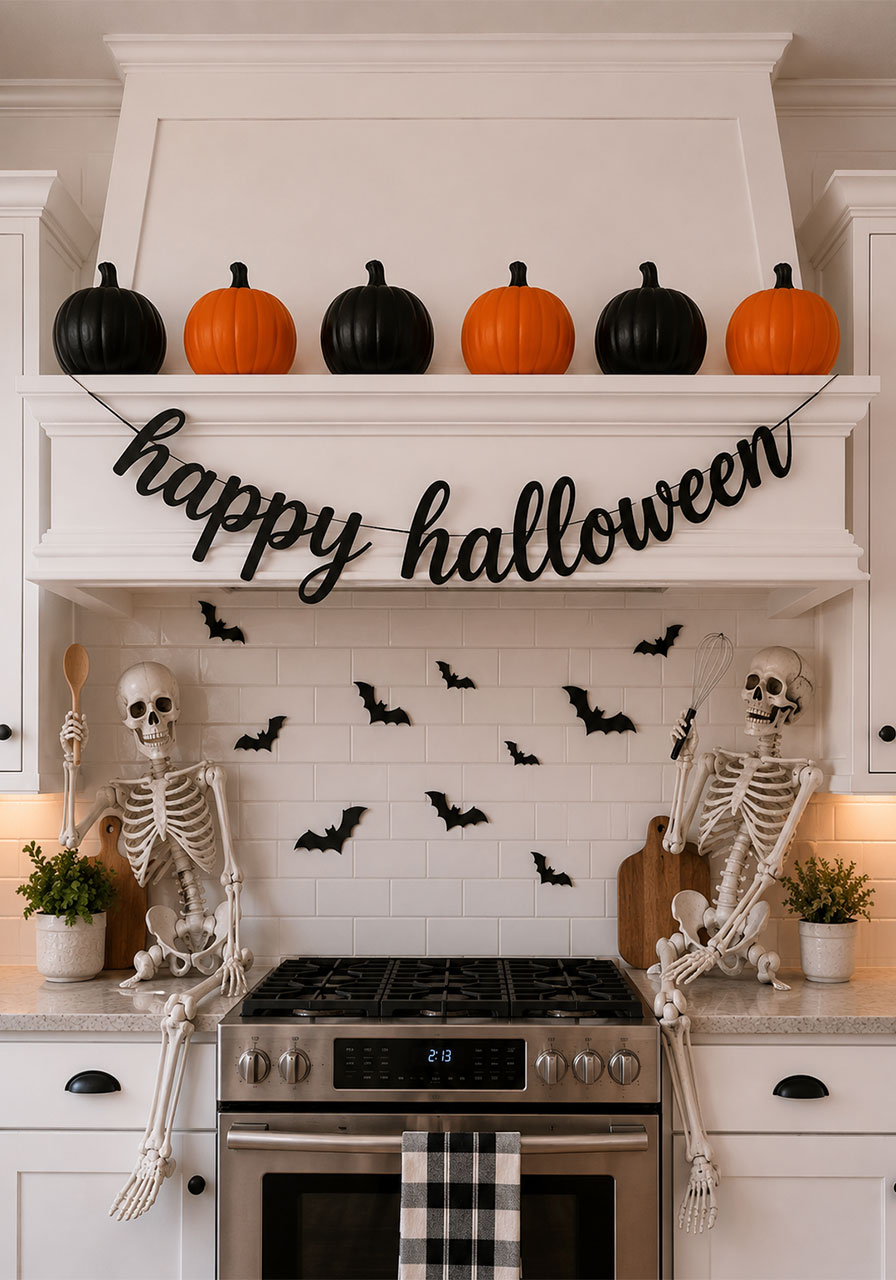 Happy Halloween banner and skeleton figures styled on a kitchen range hood and counter