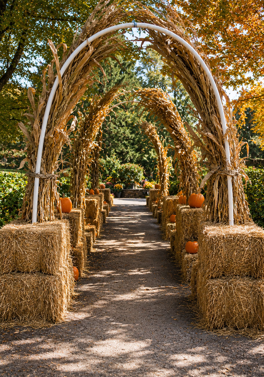 Outdoor Halloween decoration with pumpkins and hay bale tunnel entrance