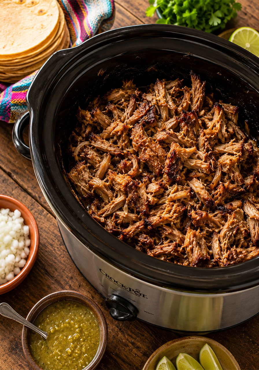 Healthy pork carnitas shredded and crisped from the slow cooker