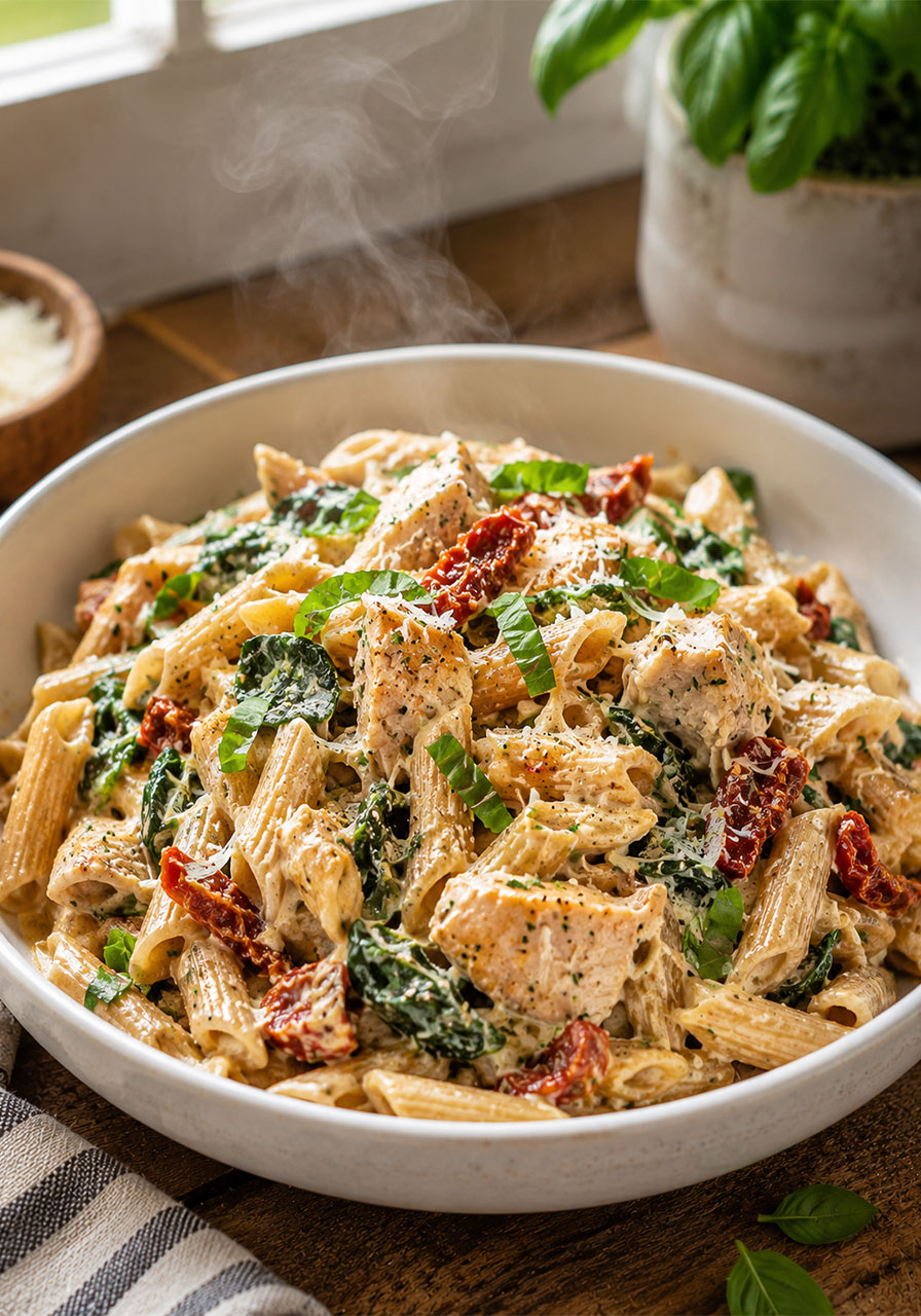 Healthy Tuscan chicken pasta with spinach and sun-dried tomatoes