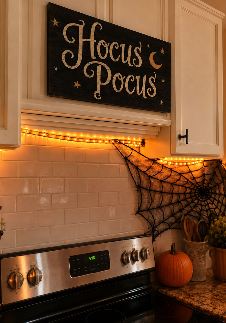 Hocus Pocus sign with warm orange string lights glowing under kitchen cabinets for Halloween decor