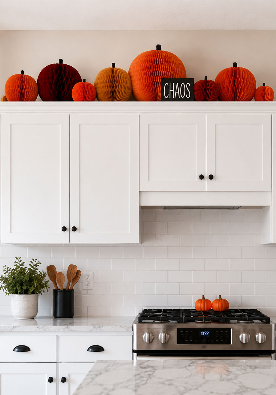 Orange honeycomb paper pumpkins lined across kitchen cabinets with a playful Halloween sign
