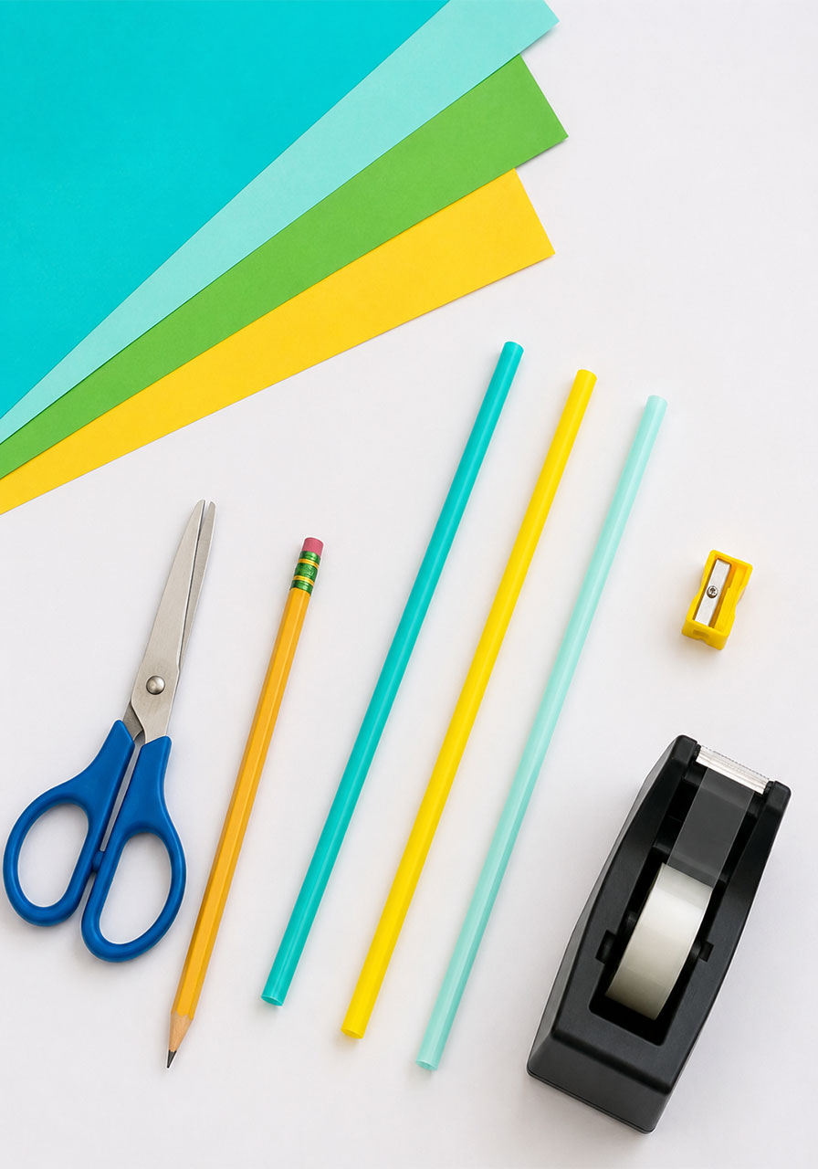 Materials needed for a hoop glider STEM project including straws, paper, scissors, tape, and a pencil