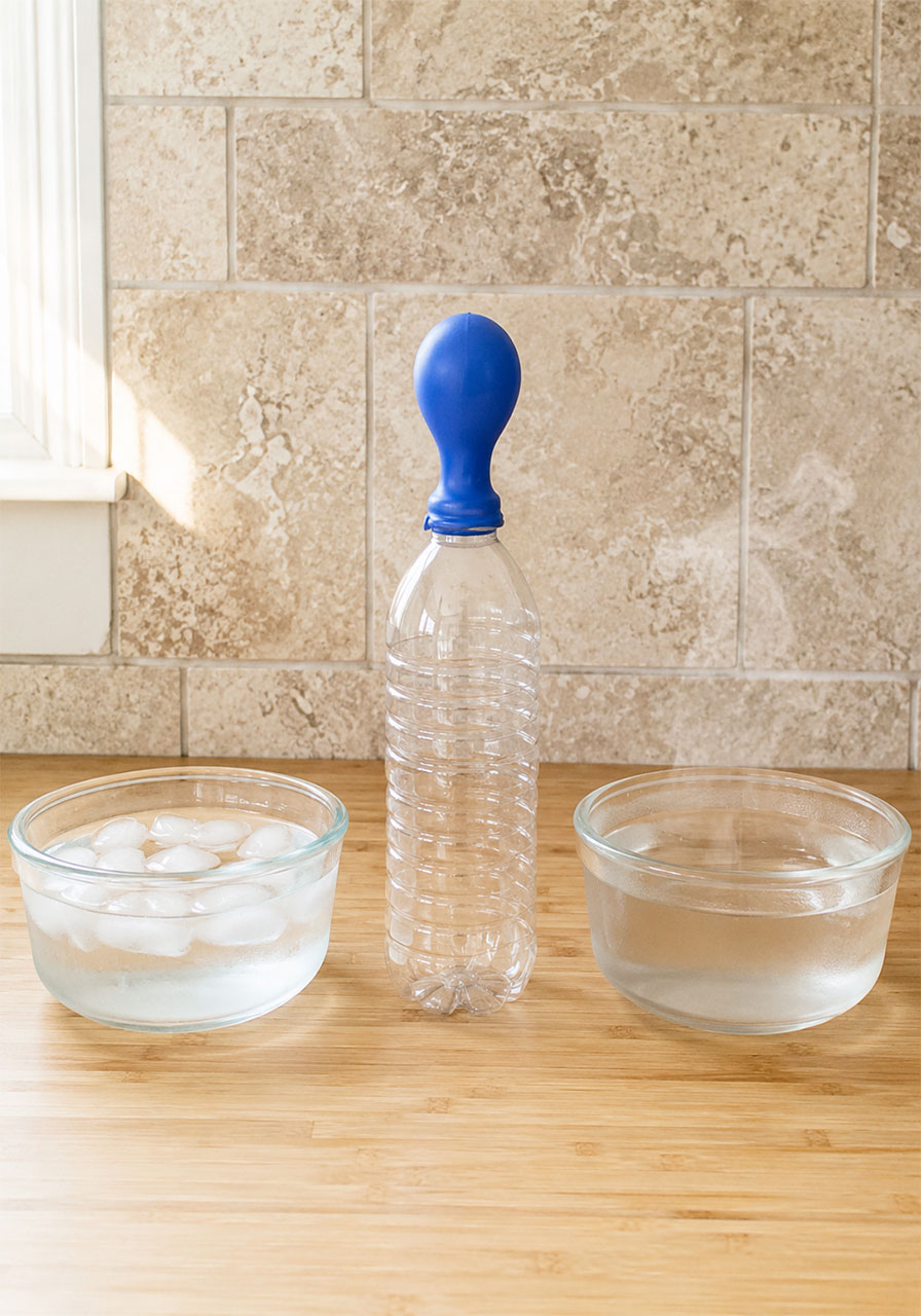 Materials needed for hot and cold balloon science experiment: bottle, balloon, and two water bowls
