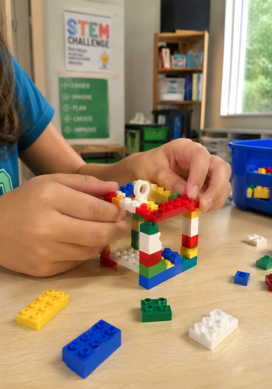 Child building a LEGO brick cage for a zip line STEM activity