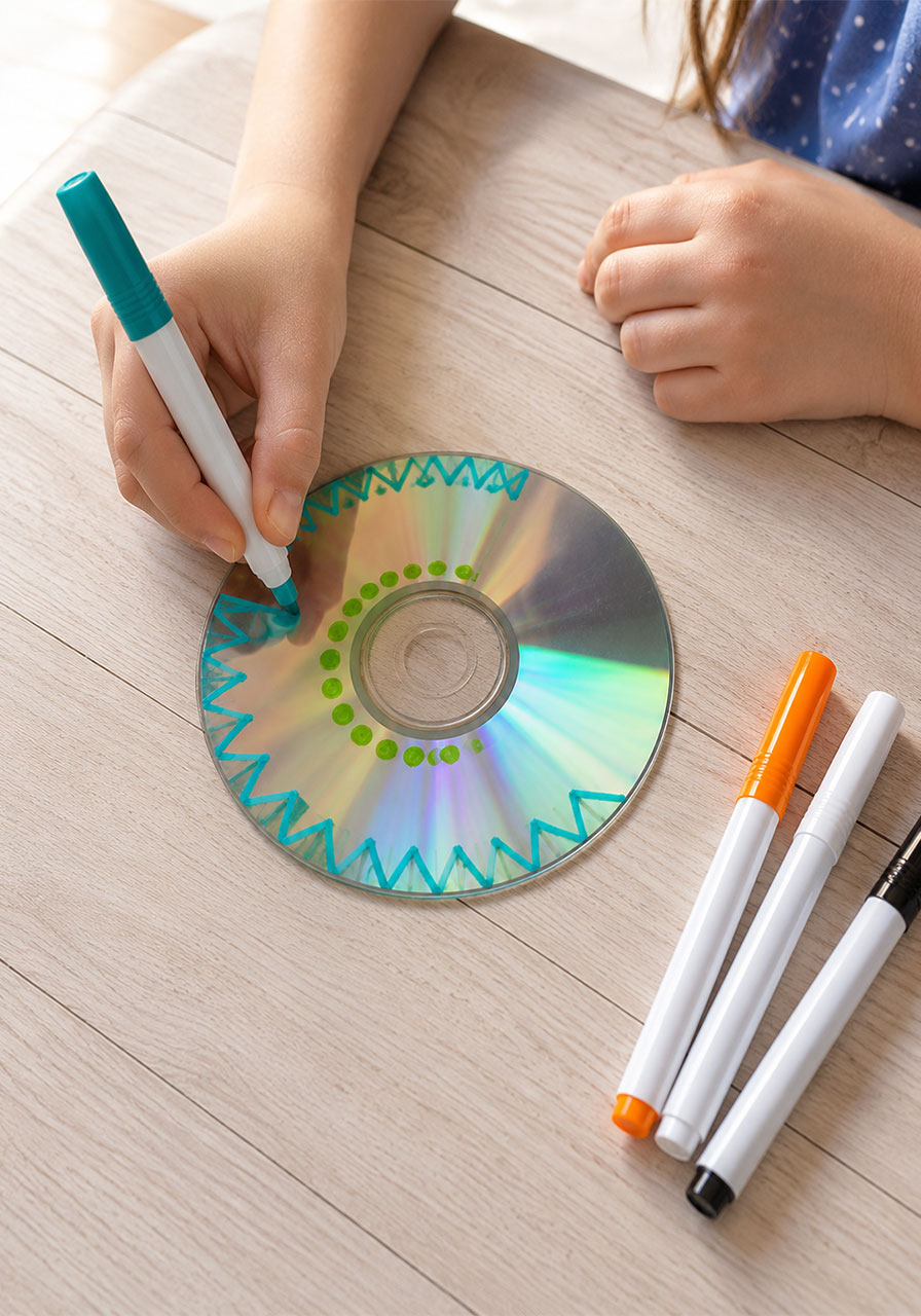 Child decorating a CD with chalk markers to make a homemade spinning top