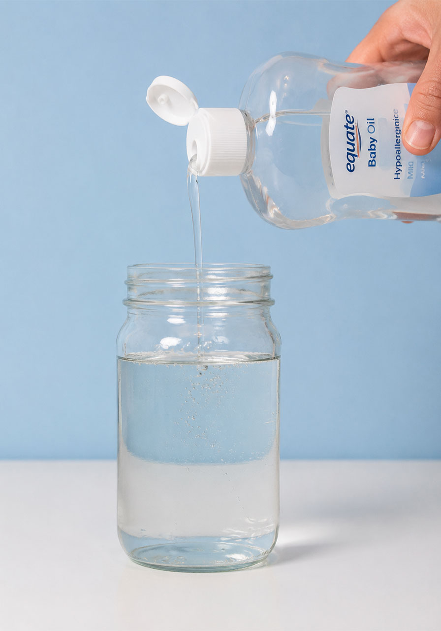 Pouring baby oil into a clear jar for the snowstorm in a jar experiment