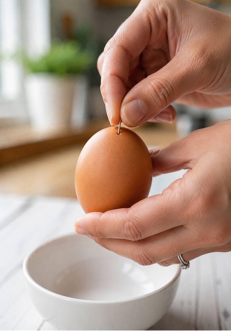 Step-by-step: making a small hole in an egg to hollow it out for the chia seed hair activity