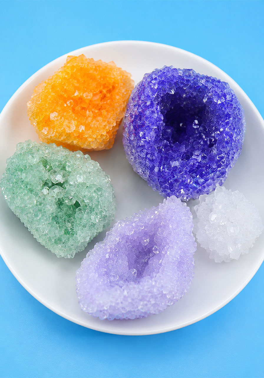 Finished borax crystal geodes in purple, orange, and green on a white plate