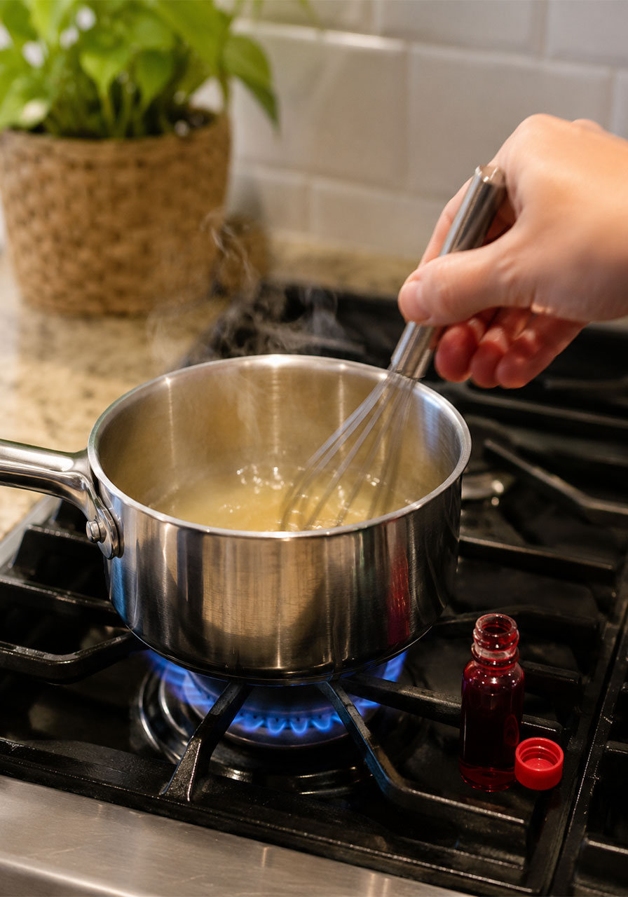 Whisking gelatin and water mixture on stove for homemade bioplastic experiment