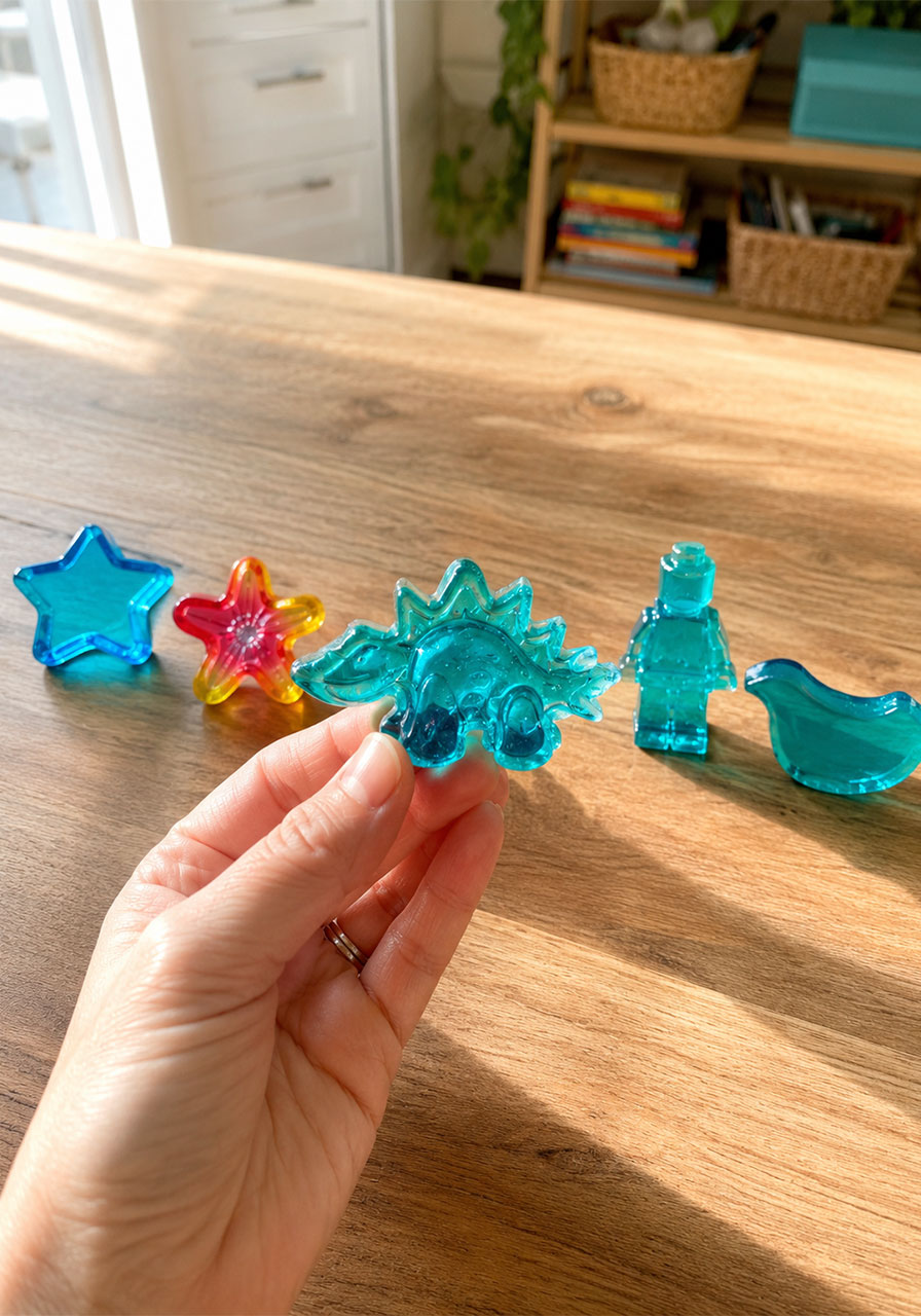 Finished clear gelatin bioplastic shapes made at home for a kids science experiment
