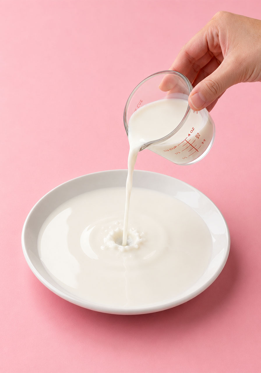 Step 1 of the color explosion experiment: pouring whole milk onto a plate