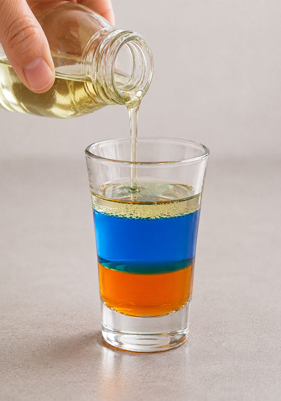 Pouring cooking oil as the final top layer in the liquid density experiment