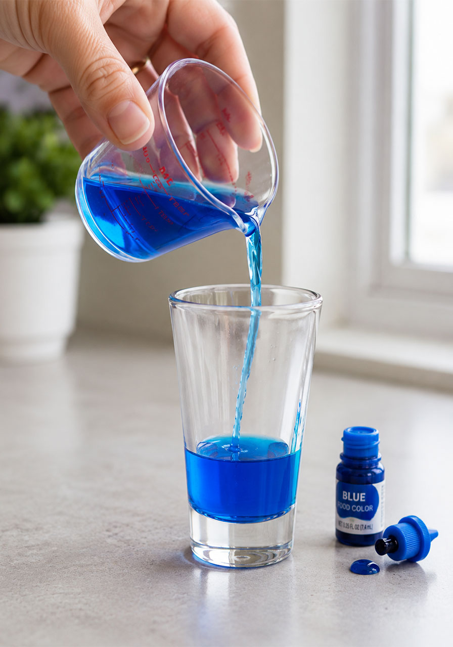 Pouring blue colored water as the first layer in the density experiment