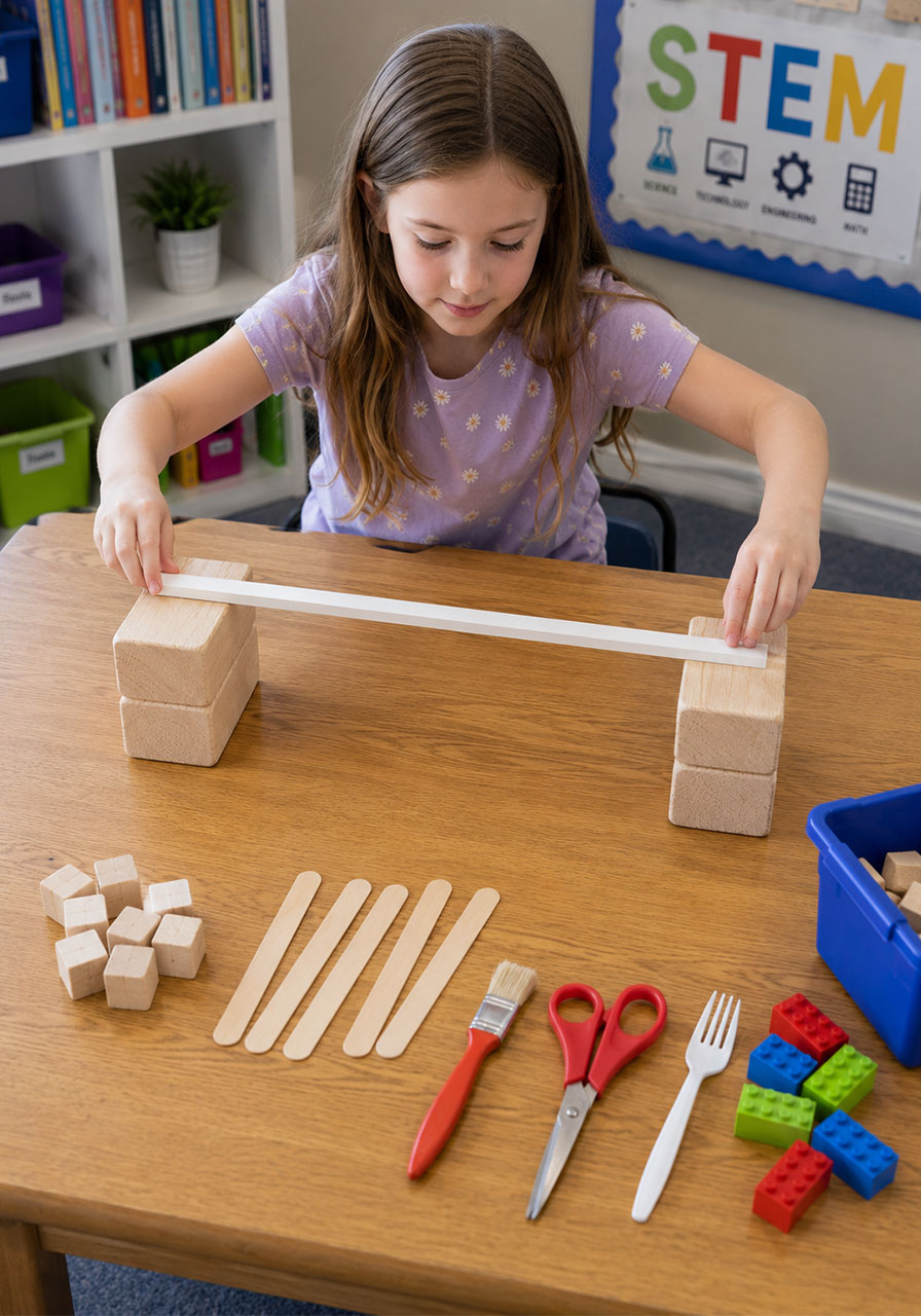 Setting up the dowel rod balance beam for the STEM challenge