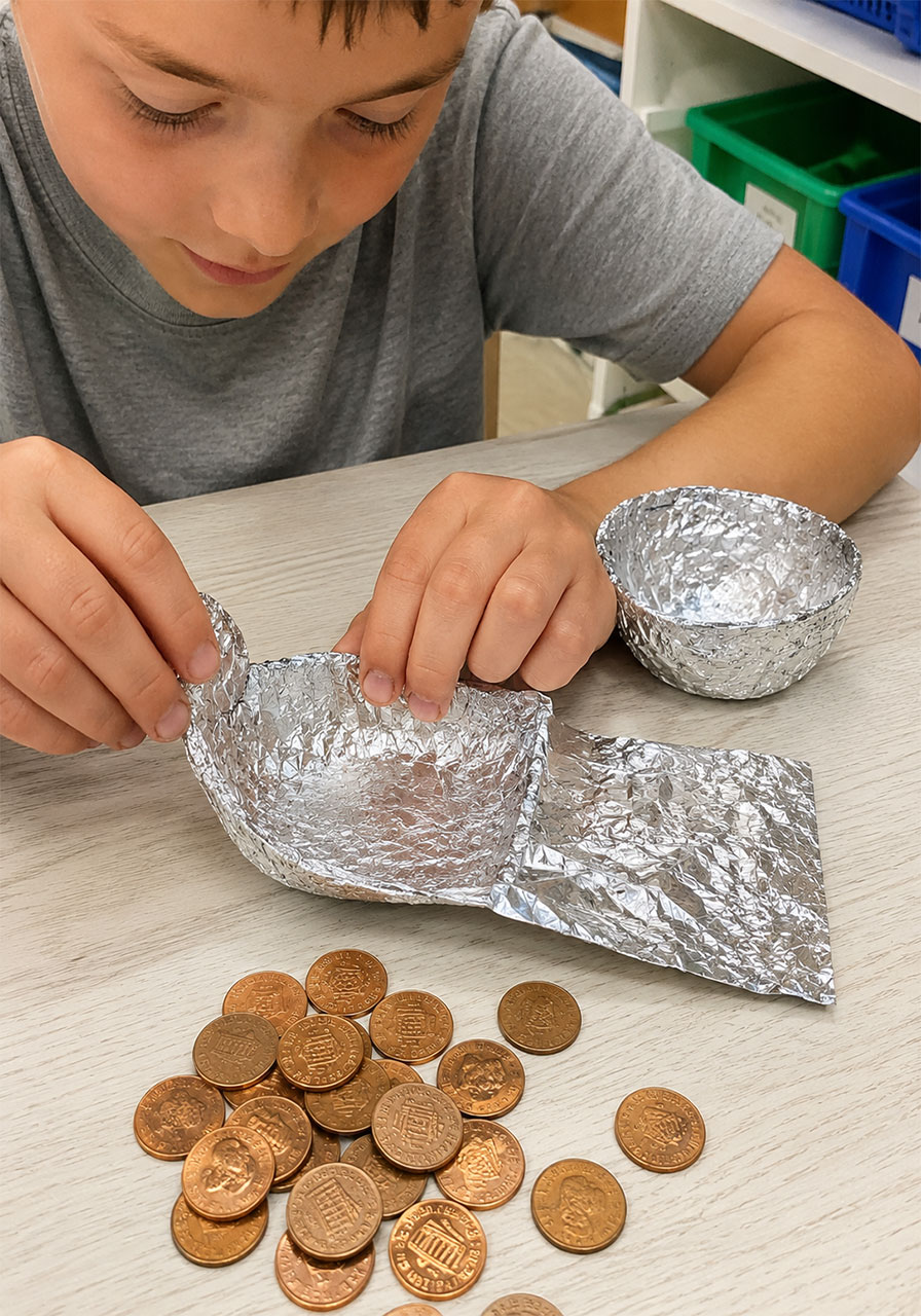 Child molds aluminum foil into a boat shape with raised sides for the penny boat STEM challenge