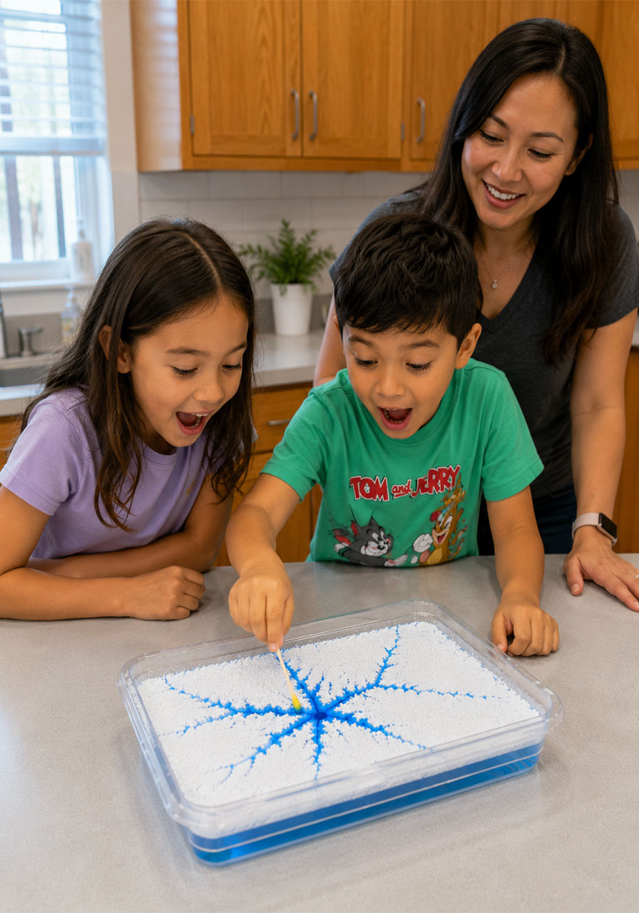 Kids and teacher doing STEM ice cracking experiment together in classroom setting