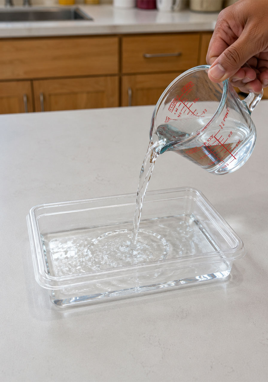 Pouring water into clear tray as first step of ice cracking science experiment