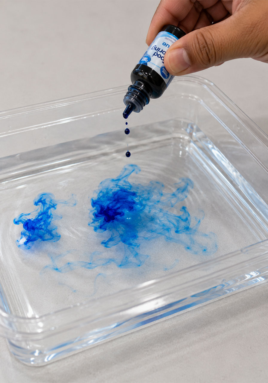 Adding blue food coloring drops to water for ice cracking experiment