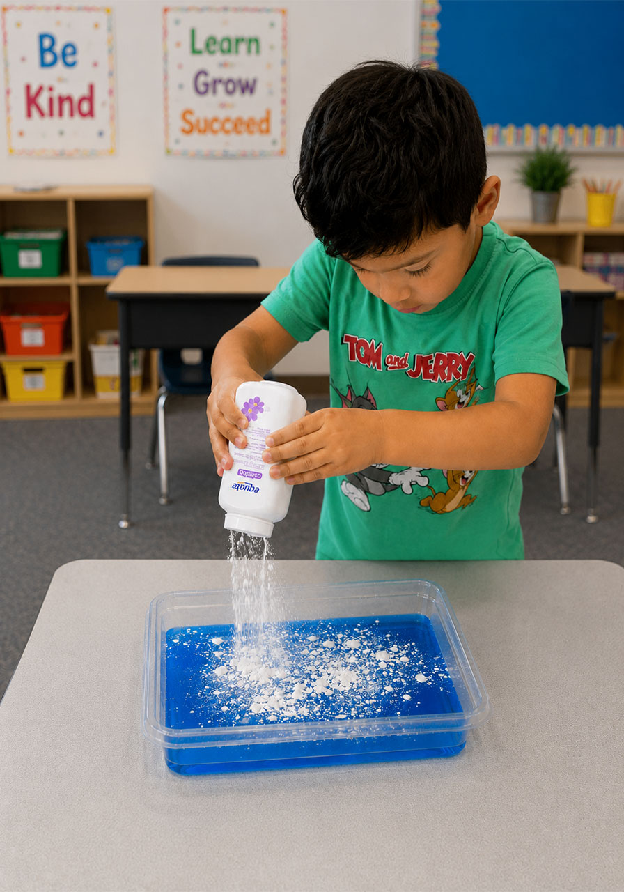Child sprinkling baby powder layer onto blue water for ice cracking experiment