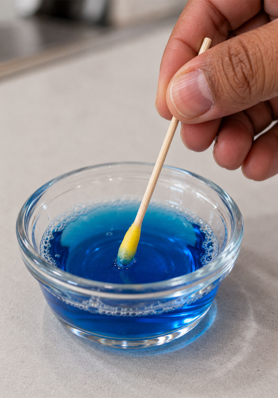 Dipping cotton swab in dish soap to create cracking effect in science experiment