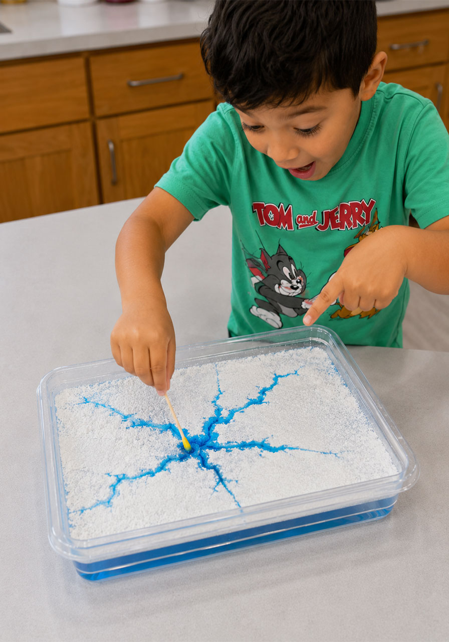 Cotton swab touching powder surface creating cracking effect showing surface tension breaking