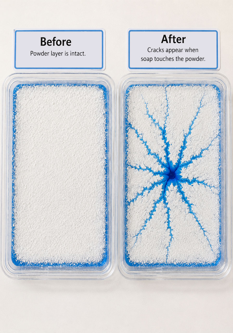 Before and after comparison showing surface tension breaking in ice cracking experiment