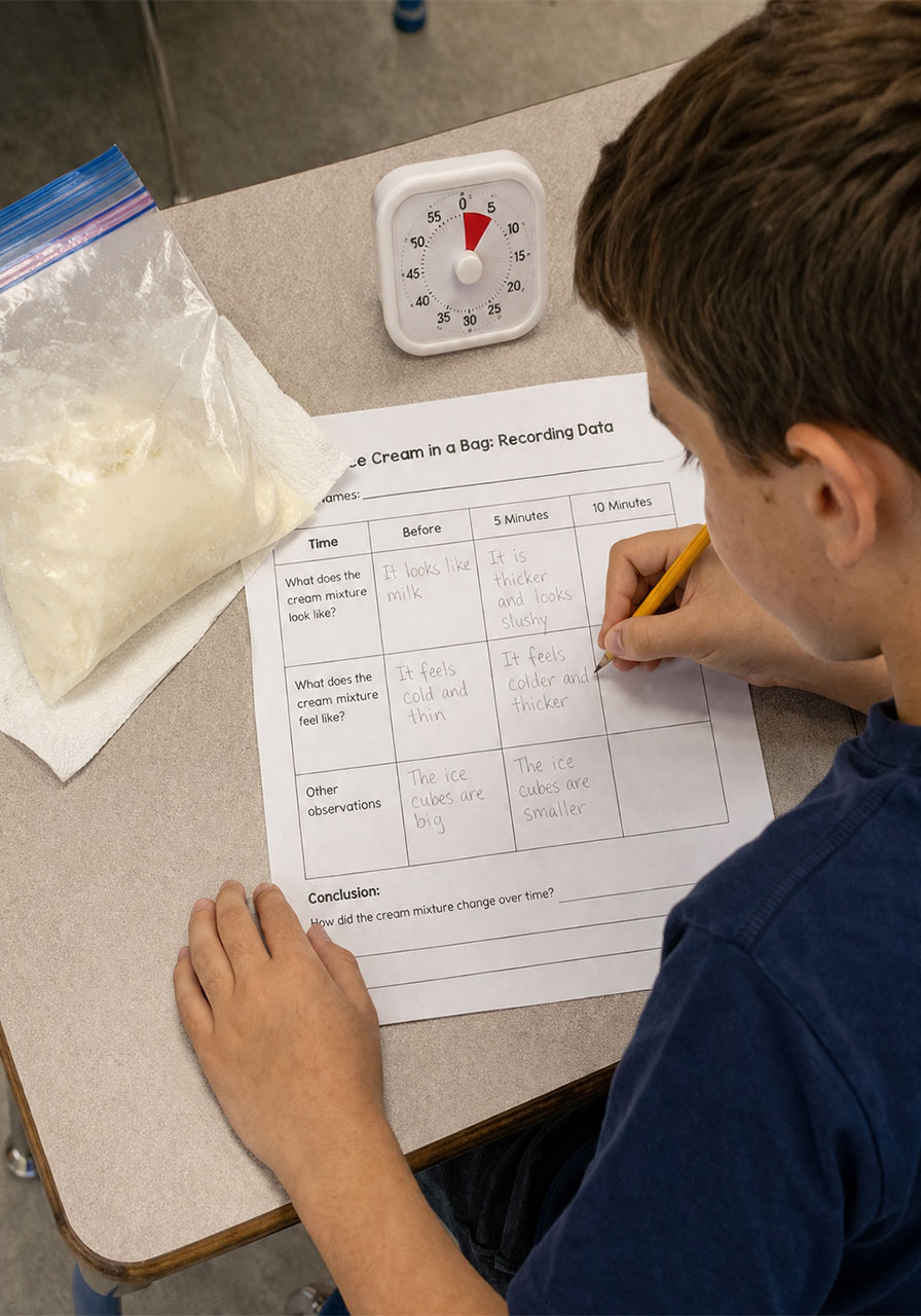 Student recording data on a science lab sheet during the ice cream experiment