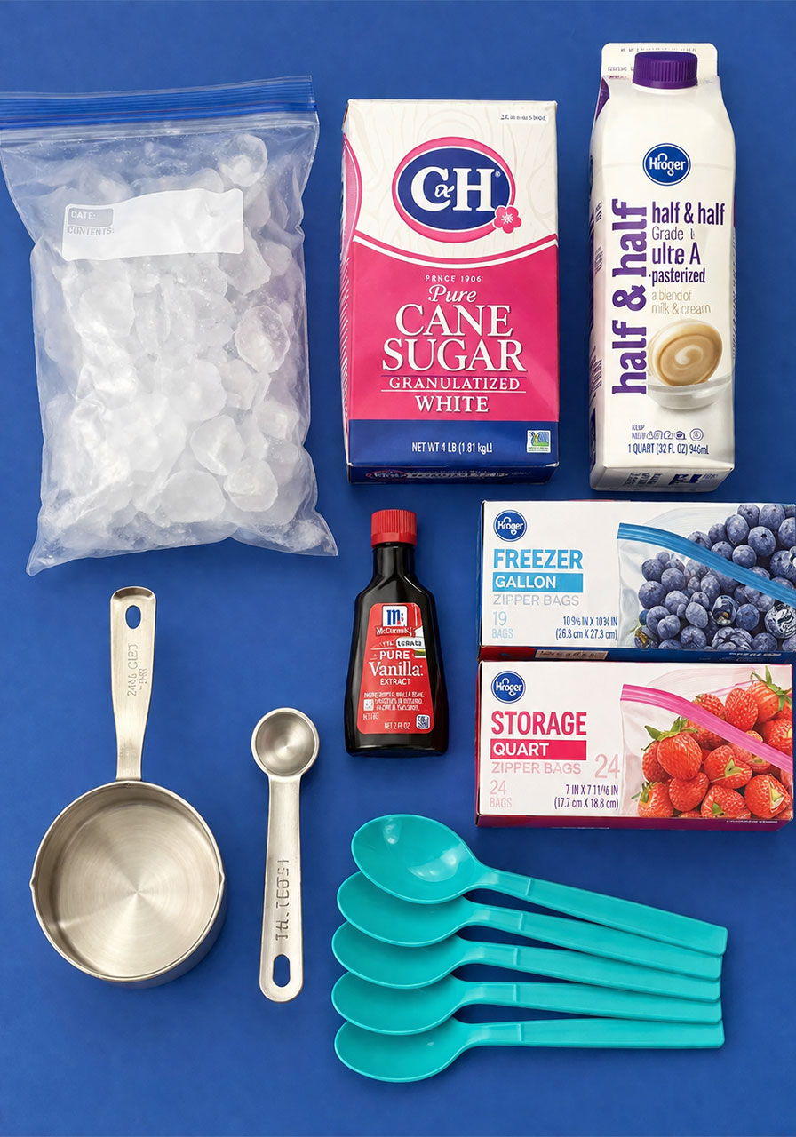Ingredients and supplies needed for the ice cream in a bag science experiment