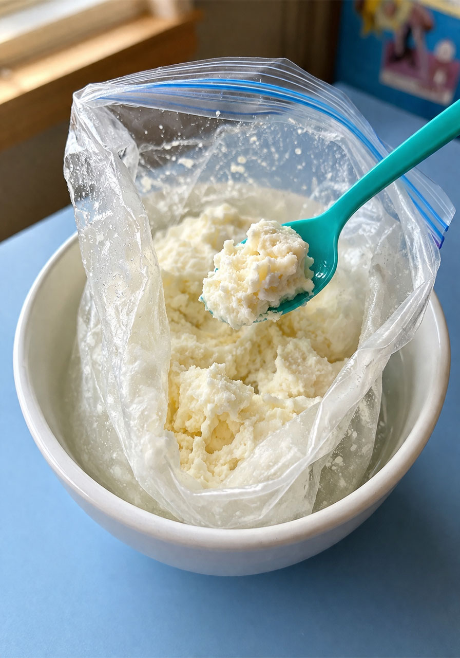 Homemade ice cream in a zipper bag from a fun science experiment for kids