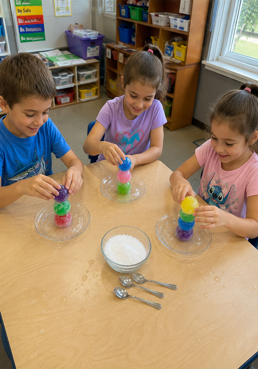 Kids in a classroom each building their own ice cube tower during a hands-on STEM activity