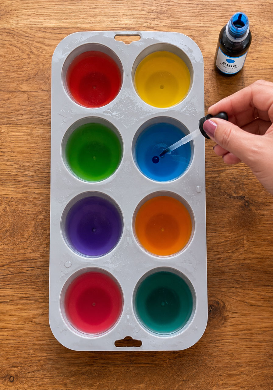 Preparing colorful food-coloring ice cubes the night before the salt and ice STEM experiment