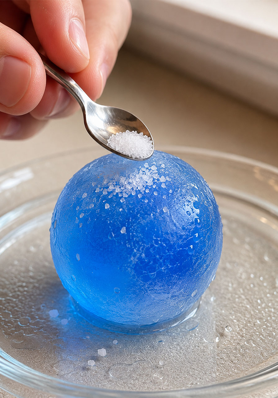 Adding a pinch of salt on top of an ice cube to start the freezing point depression experiment